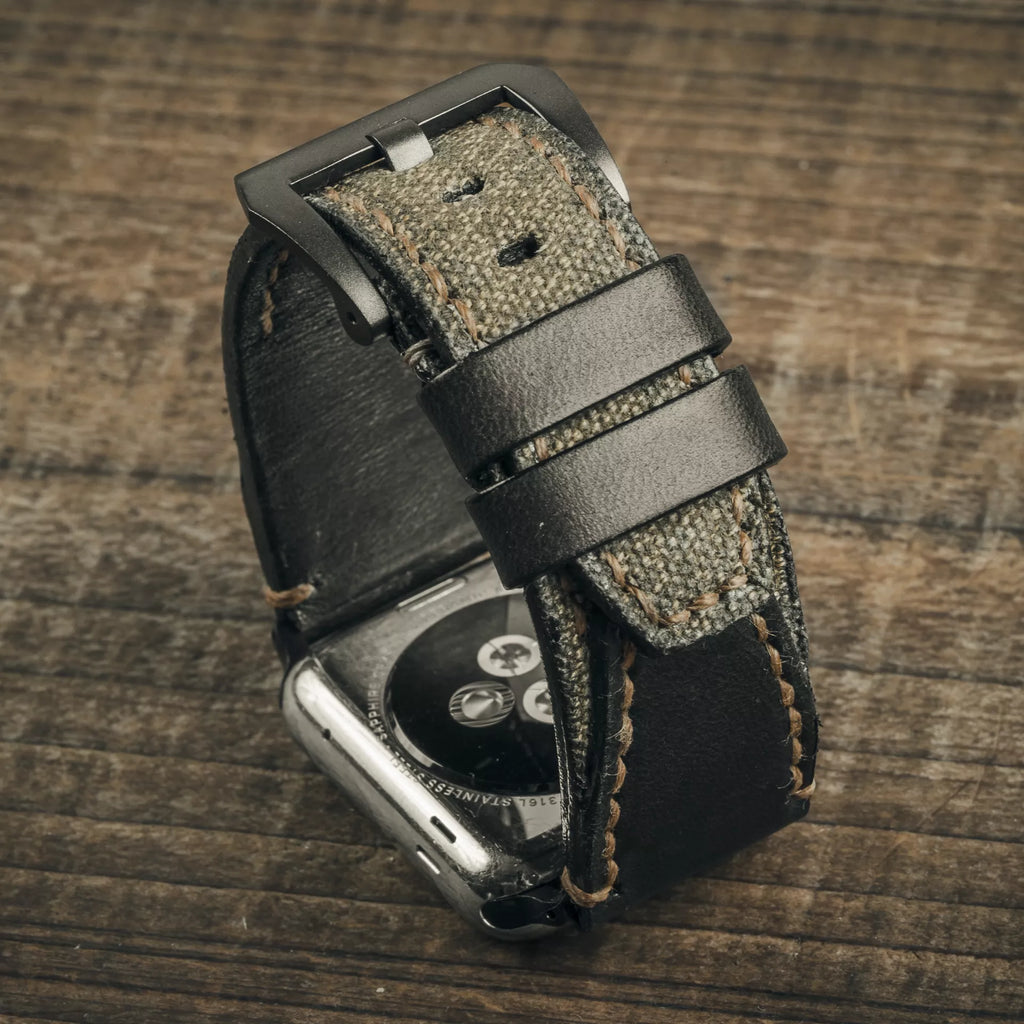 "Salt & Pepper" Swiss Army Rucksack Handmade Strap, Black Leather (for Apple Watch)